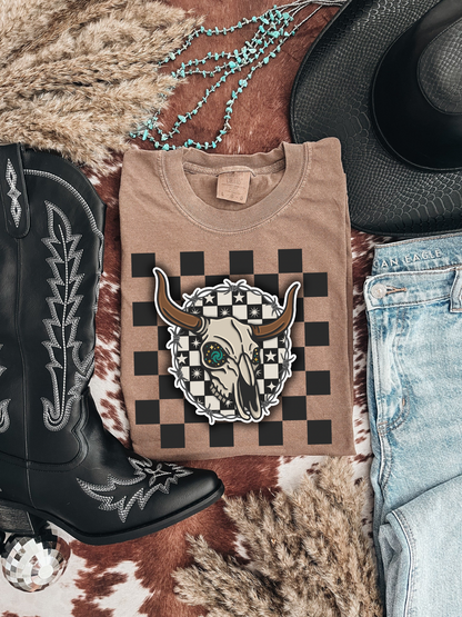 The stardust steer with checkered background  Tee